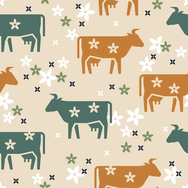 Söt sömlös vektor mönster av husdjur kor, blommor och andra element i olika färger. — Stock vektor