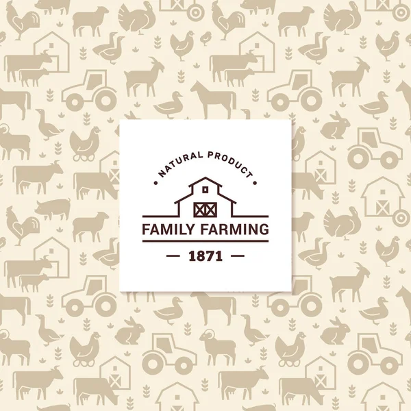 Patrón vectorial inconsútil de animales de granja, edificios, equipos y otros elementos con logotipo — Archivo Imágenes Vectoriales