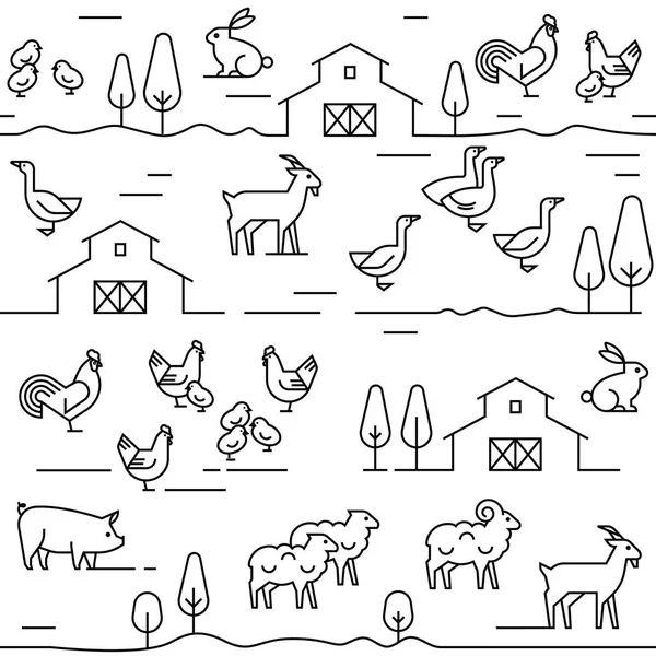 Seamless vector pattern of farm animals, buildings, equipment and other elements in black and white colors. — Stock Vector