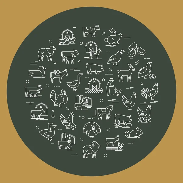Kreisförmige Vektorgruppe von Nutztieren, die sich hervorragend zur Veranschaulichung eignen — Stockvektor