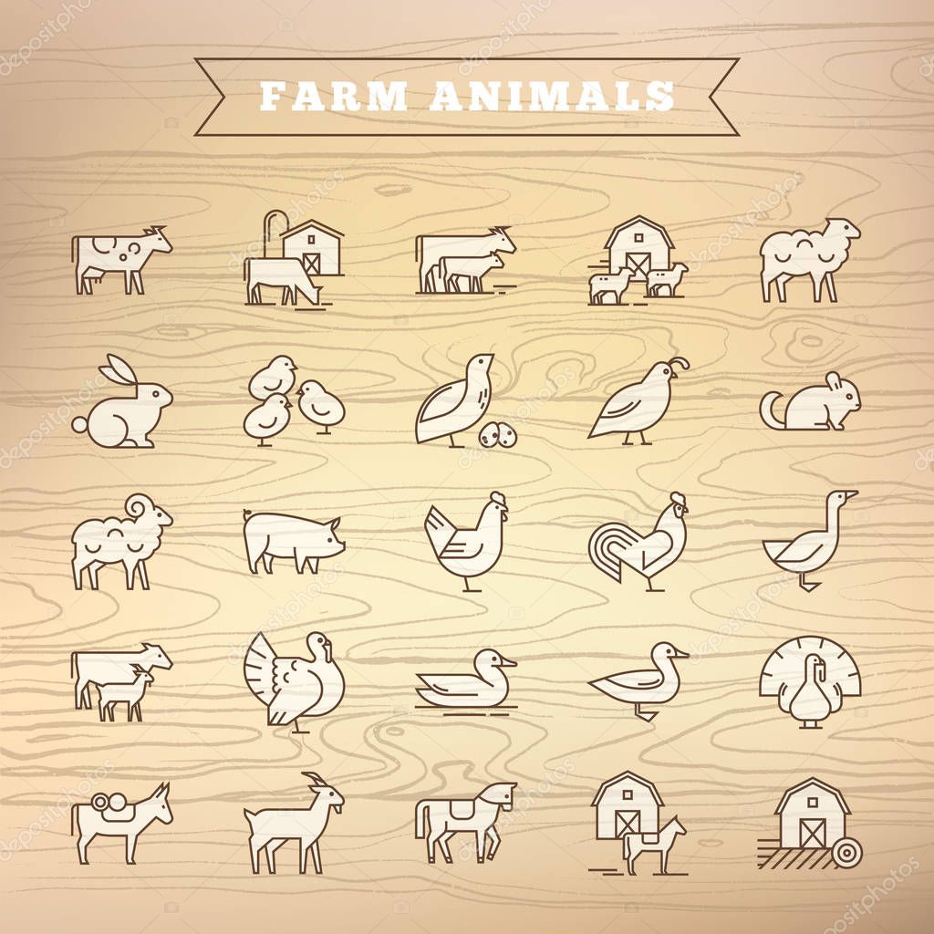 Vector set of farm animals icon set. Collection of illustrations in flat style, well drawn and isolated on wooden background.