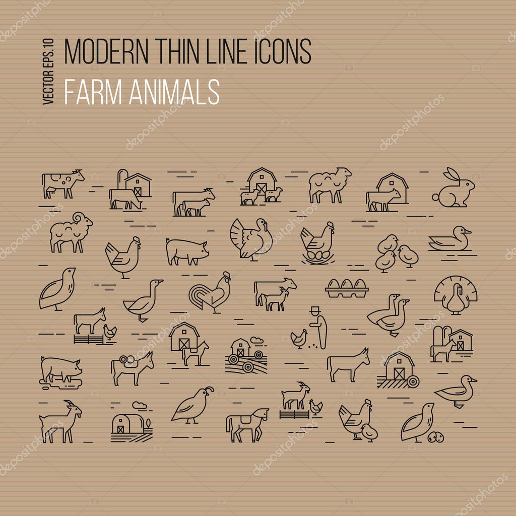 Modern thin line icons set of farm animals isolated on brown background.