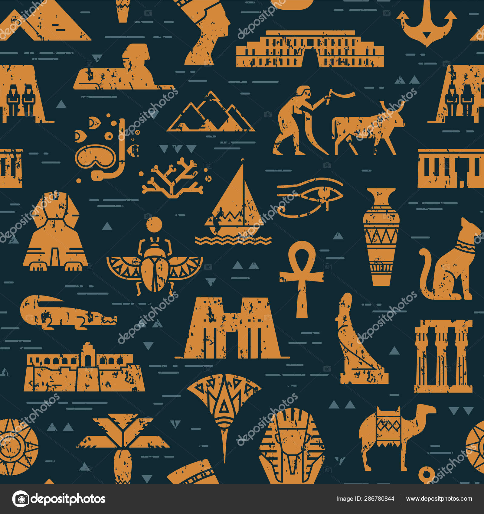 Dark seamless pattern of symbols, landmarks, and signs of Egypt from ...