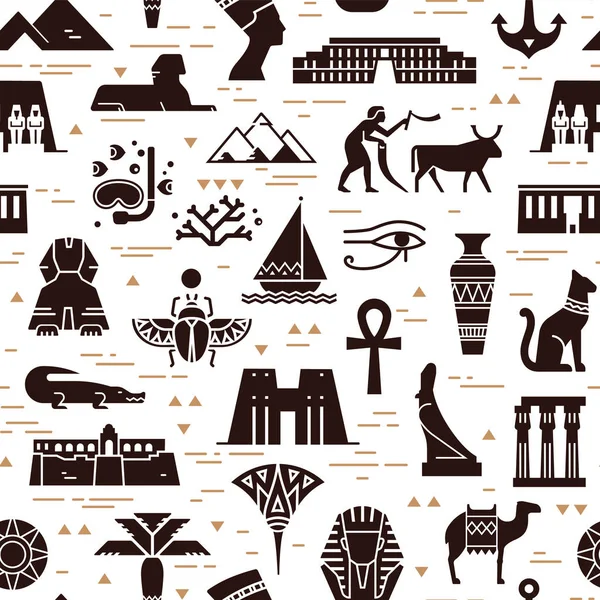 アイコンからエジプトのシンボル、ランドマーク、および兆候の暗いシームレスなパターン — ストックベクタ