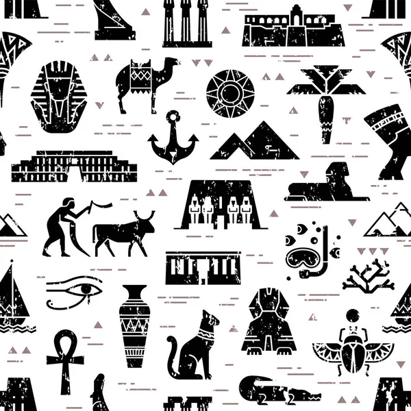 Patrón oscuro sin costuras de símbolos, puntos de referencia y signos de Egipto de los iconos — Archivo Imágenes Vectoriales