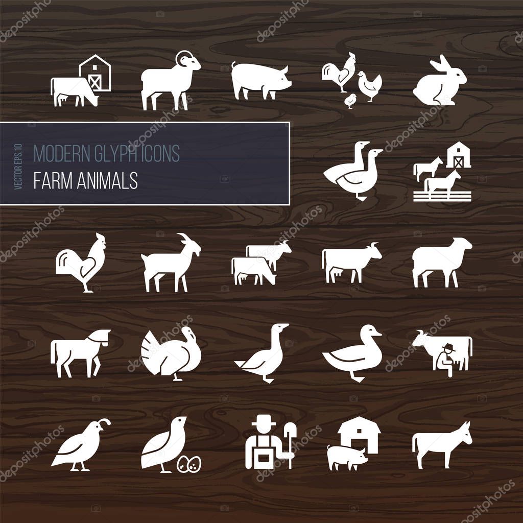 Modern glyphs icons of farm animals from 22 icons drawn in the vector and isolated on the background of a wind tree.