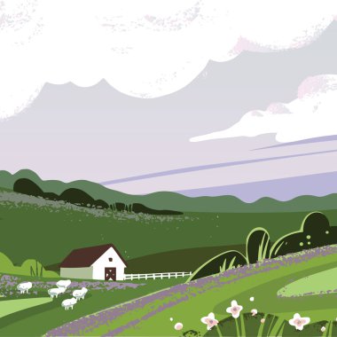 Bir ev, tepeler, bitkiler ve koyun ile kırsal pastel renklerde renk vektör illüstrasyon.