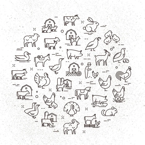Großes kreisförmiges Vektorsymbolset ländlicher Tiere im linearen Stil für Logos, Präsentationen — Stockvektor