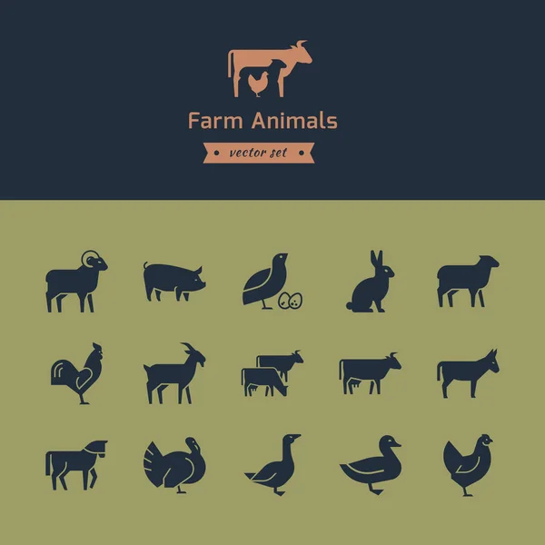 Set of meat animals icons with animals in profile. Vector collection made in retro style. — Stock Vector