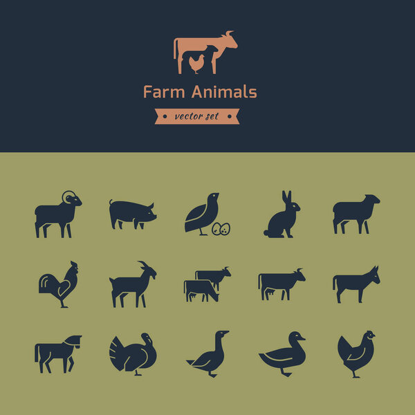 Set of meat animals icons with animals in profile. Vector collection made in retro style.