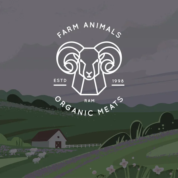 Vektor logo av ekologiskt kött, gård, ekologisk gård med bilden av en ram dragen i en linjär stil. — Stock vektor