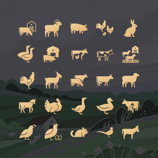Moderne Glyphen von Nutztiersymbolen aus 25 Symbolen, die im Vektor gezeichnet und isoliert sind — Stockvektor