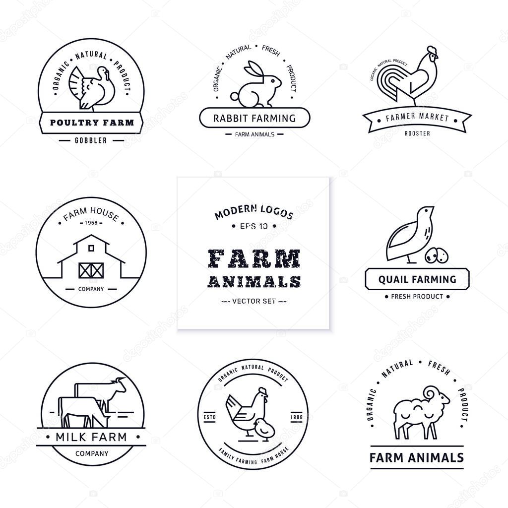 Branding farm. Set of eight modern linear style logos with farm animals with space for text or company name. Isolated on wooden vector background.