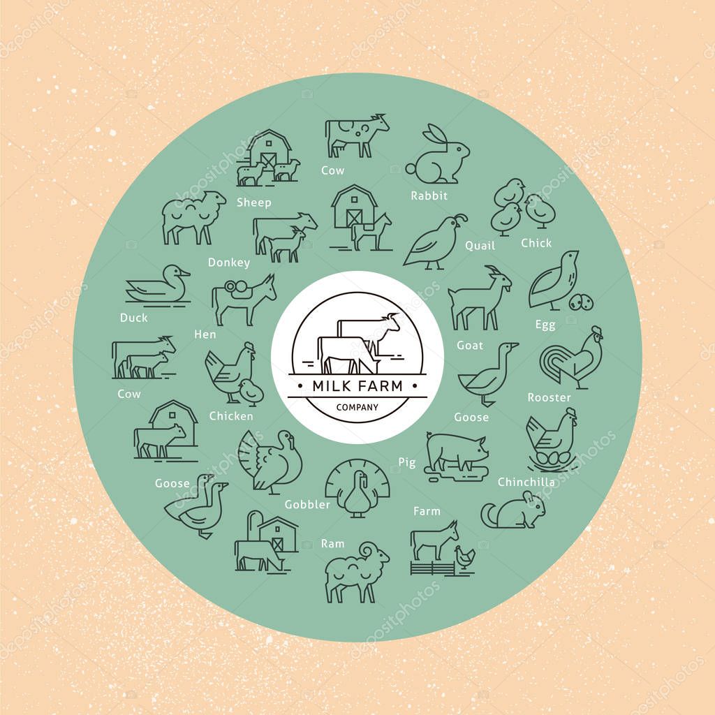 A large circular vector icon set of rural animals in a linear style for logos with an example of a logo for substituting various names and replacing the icon. Icons isolated on background.