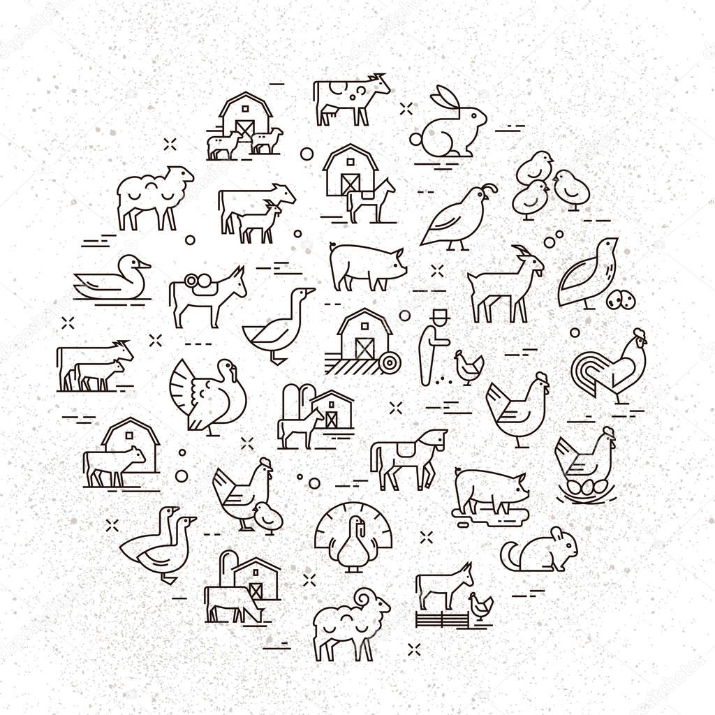 Large circular vector icon set of rural animals in linear style for logos, presentations