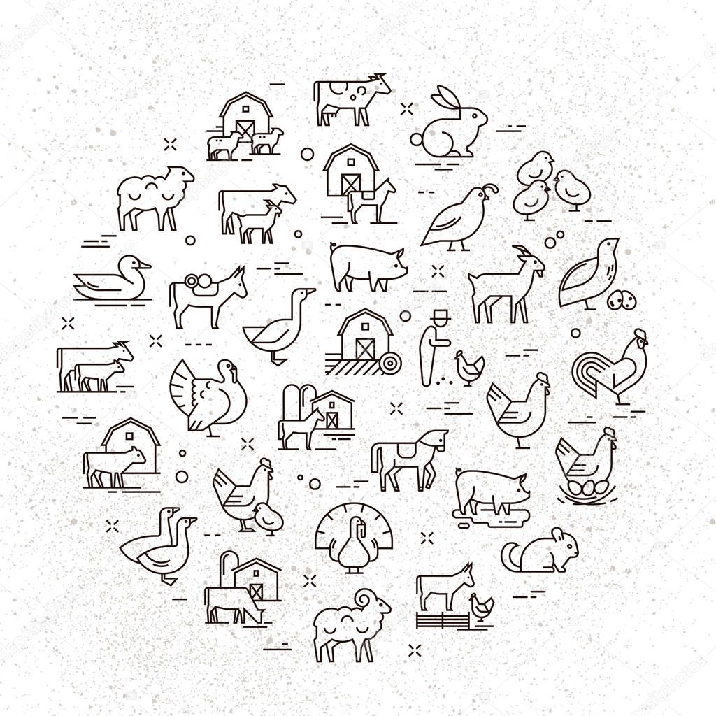Large circular vector icon set of rural animals in linear style for logos, presentations and the web. Icons are isolated on shabby paper background.