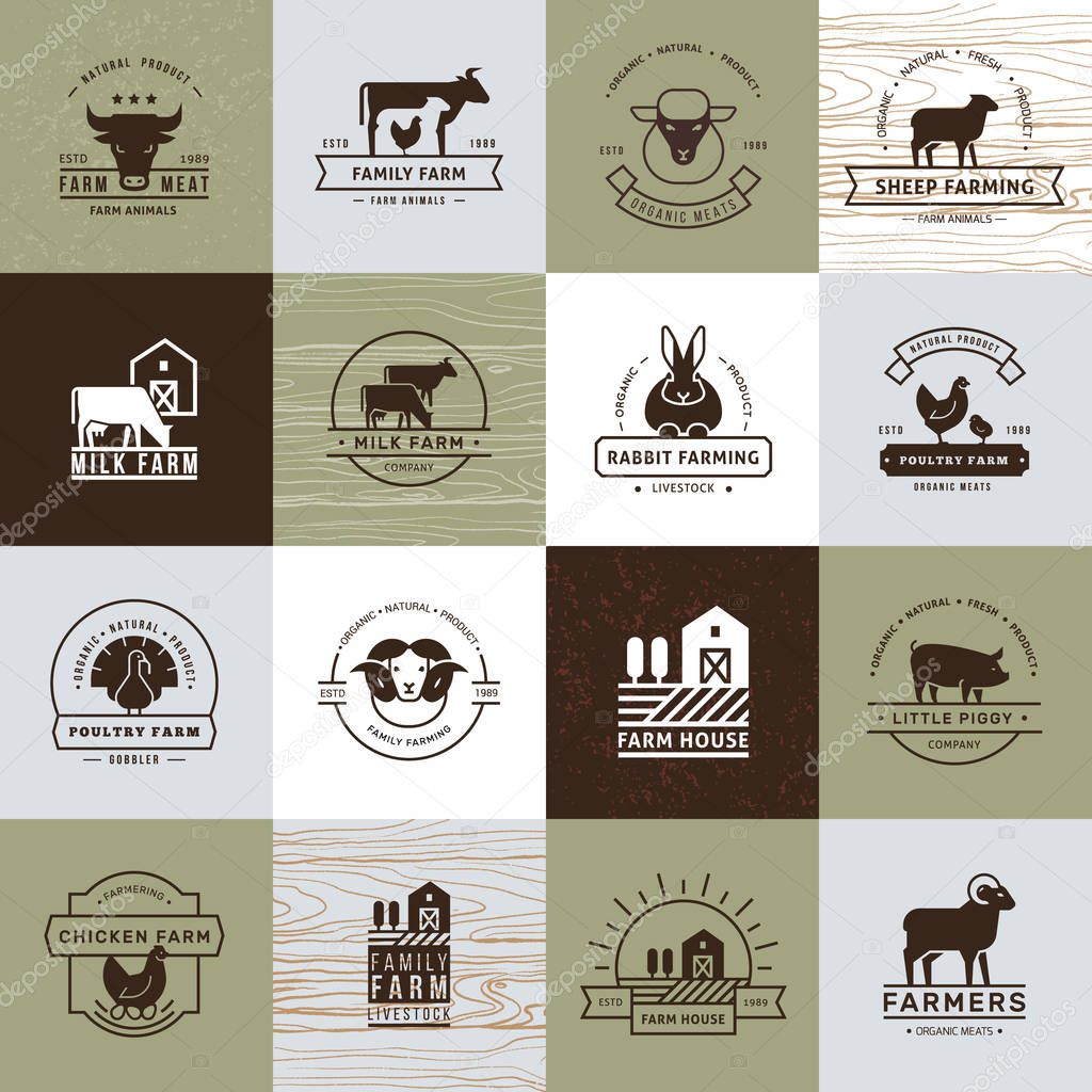 A large collection of vector logos for farmers, grocery stores and other industries. Isolated on old paper background and executed in a flat style.
