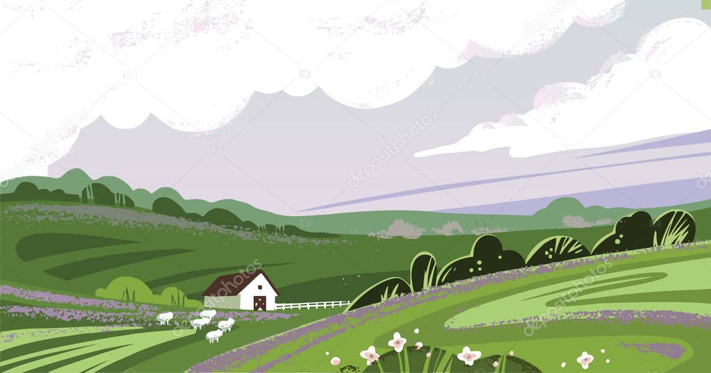 Color vector illustration in pastel colors of the countryside with a house, hills, plants, and sheep.