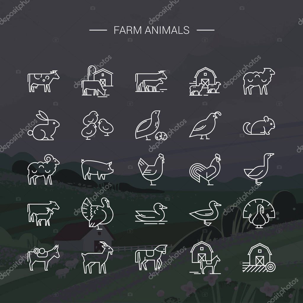 Modern farm animals symbols linear icons set of 25 icons drawn in vector and isolated on background vector illustration of the village with house, mountains, and plants.