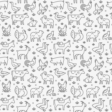 İki renkte çiftlik hayvanları, binalar, ekipman ve diğer unsurların dikişsiz vektör deseni.