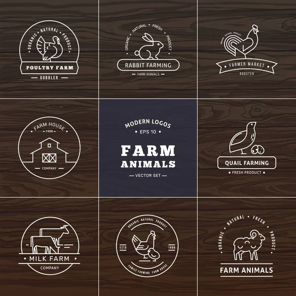 Metin veya şirket adı için yer olan çiftlik hayvanları ile sekiz modern doğrusal tarzı logolar kümesi — Stok Vektör