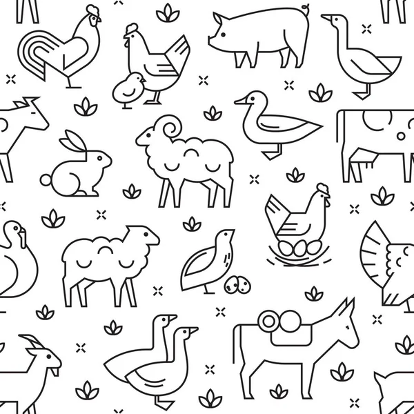 Seamless vector pattern of farm animals, buildings, equipment and other elements in two colors. — Stock Vector