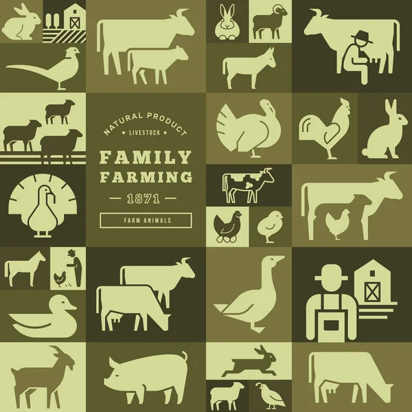Patrón inconsútil de varios animales de granja en fondos oscuros de iconos vectoriales . — Archivo Imágenes Vectoriales