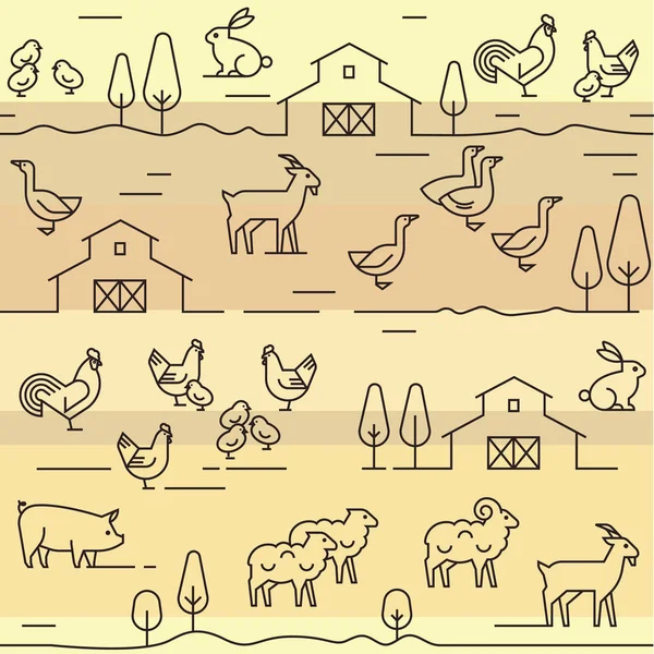 Seamless vector pattern of farm animals, buildings, equipment and other elements — Stock Vector