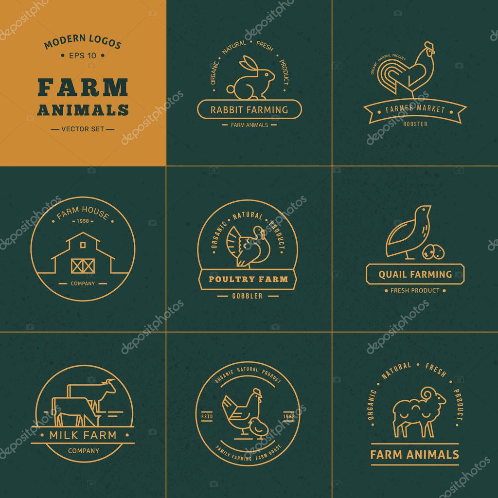 Vector set of 8 farm logos made in a linear style. A collection for farmers, grocery stores and other industries. Isolated on background vector is drawn farm with plants, and mountains.