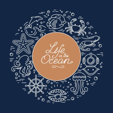 Denizaltı yaşamının modern vektör çizimi. Deniz yaratıkları ve sembolleri olan düz simgeler. Şirket logoları, iş kimliği, yazdırma ürünleri, sayfa ve web dekorasyonu veya diğer tasarım unsurları koleksiyonu.