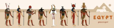 Mısır piramitlerinin ve Giza 'daki Sfenks heykelinin arka planına karşı sekiz vektör illüstrasyondan oluşan eski Mısır tanrılarının büyük bir koleksiyonu..