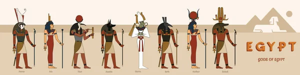 Mısır piramitlerinin ve Giza 'daki Sfenks heykelinin arka planına karşı sekiz vektör illüstrasyondan oluşan eski Mısır tanrılarının büyük bir koleksiyonu..