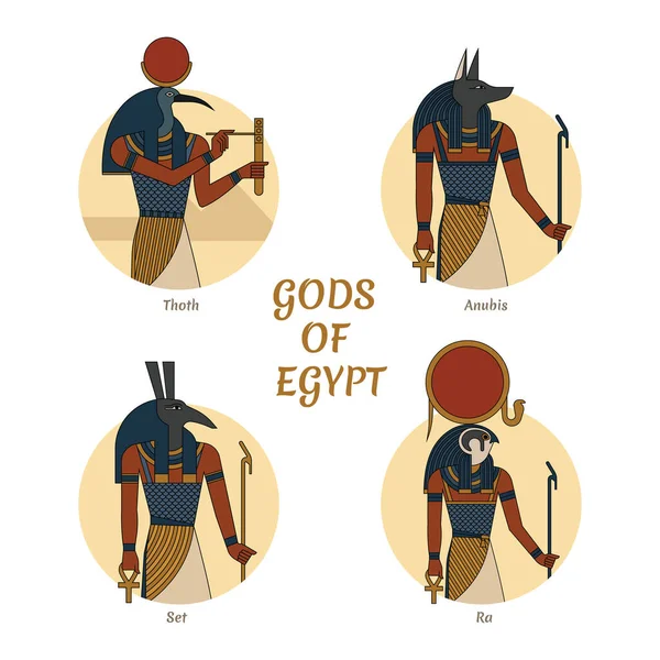 Eski Mısır 'ın tanrılarının ve sembollerinin çizimi. Böcek böceğinin arka planında izole edilmiş. Mısır Tanrıları Thoth, Anubis, Ra and Set. — Stok Vektör