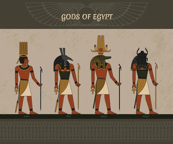 Vektor illustration symboler av antika Egypten egyptiska bevingad sol, gudar Thoth, Anhur, Sobek, Khepri och andra symboler för egyptiska. — Stock vektor