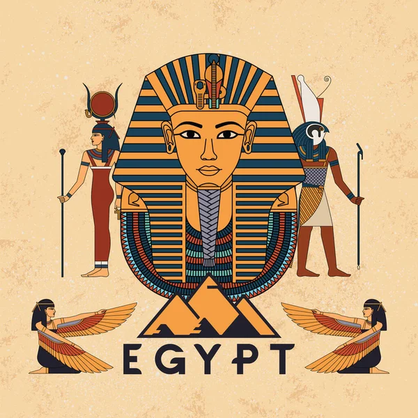 Vector illustration symbols of ancient Egypt Egyptian winged sun, gods Anubis and Horus, and pharaoh Tutankhamun, and symbol of Egyptian faith beetle Scarab. — Stock Vector