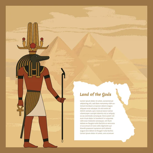 El antiguo dios egipcio Sobek. El hombre tiene un bastón. En la cabeza hay pájaros. Ankh. Ilustración vectorial. — Vector de stock