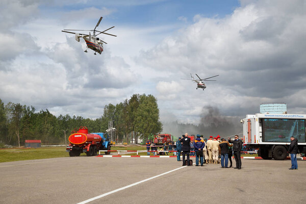 NOGINSK/ RUSSIA - JUNE 06, 2018. Aerial firefighting demonstration during the international exhibition Complex Safety-2018. Noginsk Rescue Center, Moscow region, Russia.