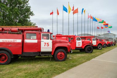 Noginsk, Rusya - 08 Haziran 2018. İtfaiye araçları Sergisi. Uluslararası Sergi karmaşık Emanet 2018. Noginsk Kurtarma Merkezi, Moscow region, Rusya Federasyonu
