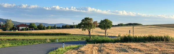 Road Winding Fields Village Oberrohrbach Summer Day Panoramic View Lower — Stock Photo, Image