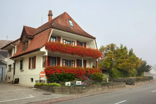 Villigen Ελβετία Οκτωβρίου 2018 Όμορφο Σπίτι Λουλούδια Ένα Ομιχλώδες Ημέρα — Φωτογραφία Αρχείου