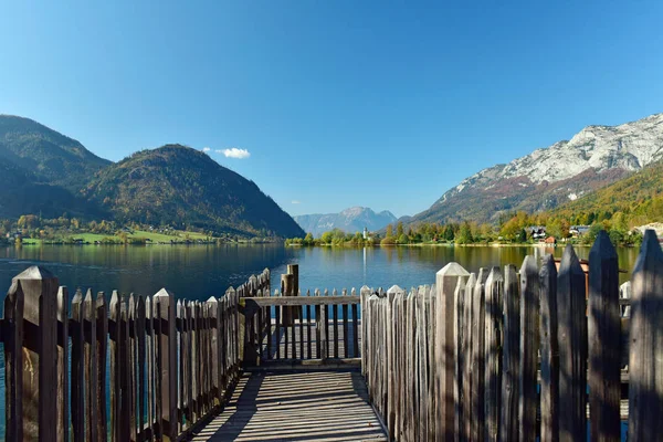 Amarrage Des Navires Dans Village Goessl Sur Lac Grundlsee Vue — Photo