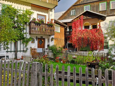 Güneşli bir sonbahar büyüleyici konut evler. Bad Aussee, Styria, Avusturya.