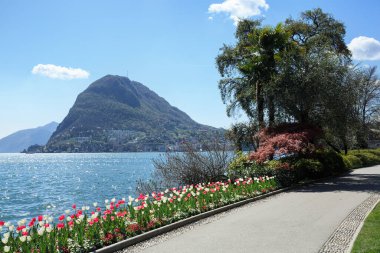 Güneşli bir bahar gününde Lugano Gölü 'nde Park Ciani. San Salvatore dağının manzarası. Lugano kasabası, Ticino kantonu, İsviçre, Avrupa.