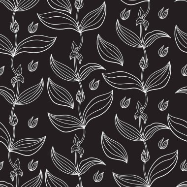 Bitki yaprakları siyah bir arka plan ile. Seamless modeli. Vektör. Tekstil, kumaş, yazdırma.