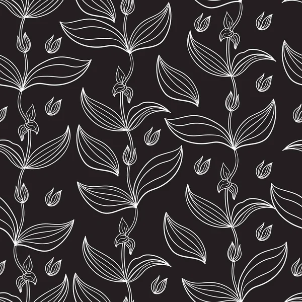 Plante Avec Des Feuilles Sur Fond Noir Modèle Sans Couture — Image vectorielle