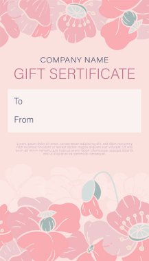 Bir hediye sertifikası dekoratif haşhaş bir çerçeve ile tasarlayın. Düz stil. Pastel renkler. Vektör. Dikey