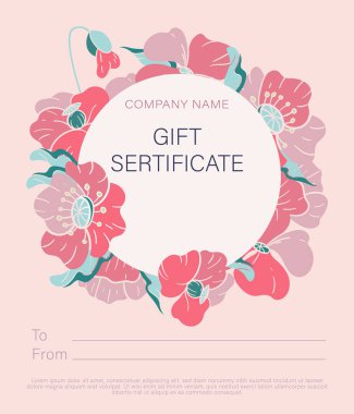 Bir hediye sertifikası dekoratif haşhaş bir çerçeve ile tasarlayın. Düz stil. Pastel renk. Vektör.