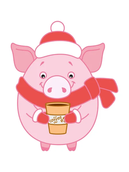 欢快的小猪红帽和围巾捧着一杯咖啡 2019新年的象征在中国日历 卡通风格 — 图库矢量图片