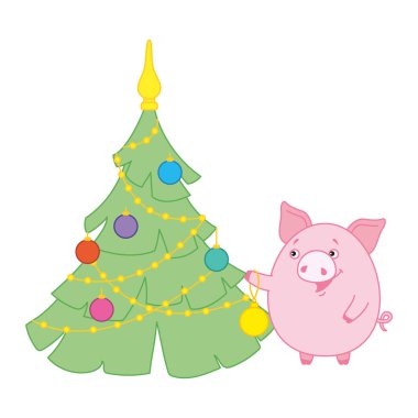 Domuz süslenmiş Noel ağacı oyuncaklar. Çin takvimine yeni yılda sembolü. 2019. vektör. Gösterim amacıyla kartpostallar, çıkartmalar, posterler.