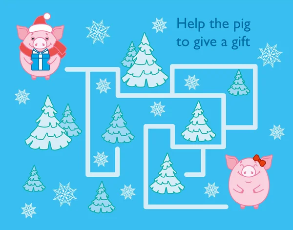 Puzzel Voor Kinderen Helpen Het Varken Brengen Een Cadeau Labyrint — Stockvector